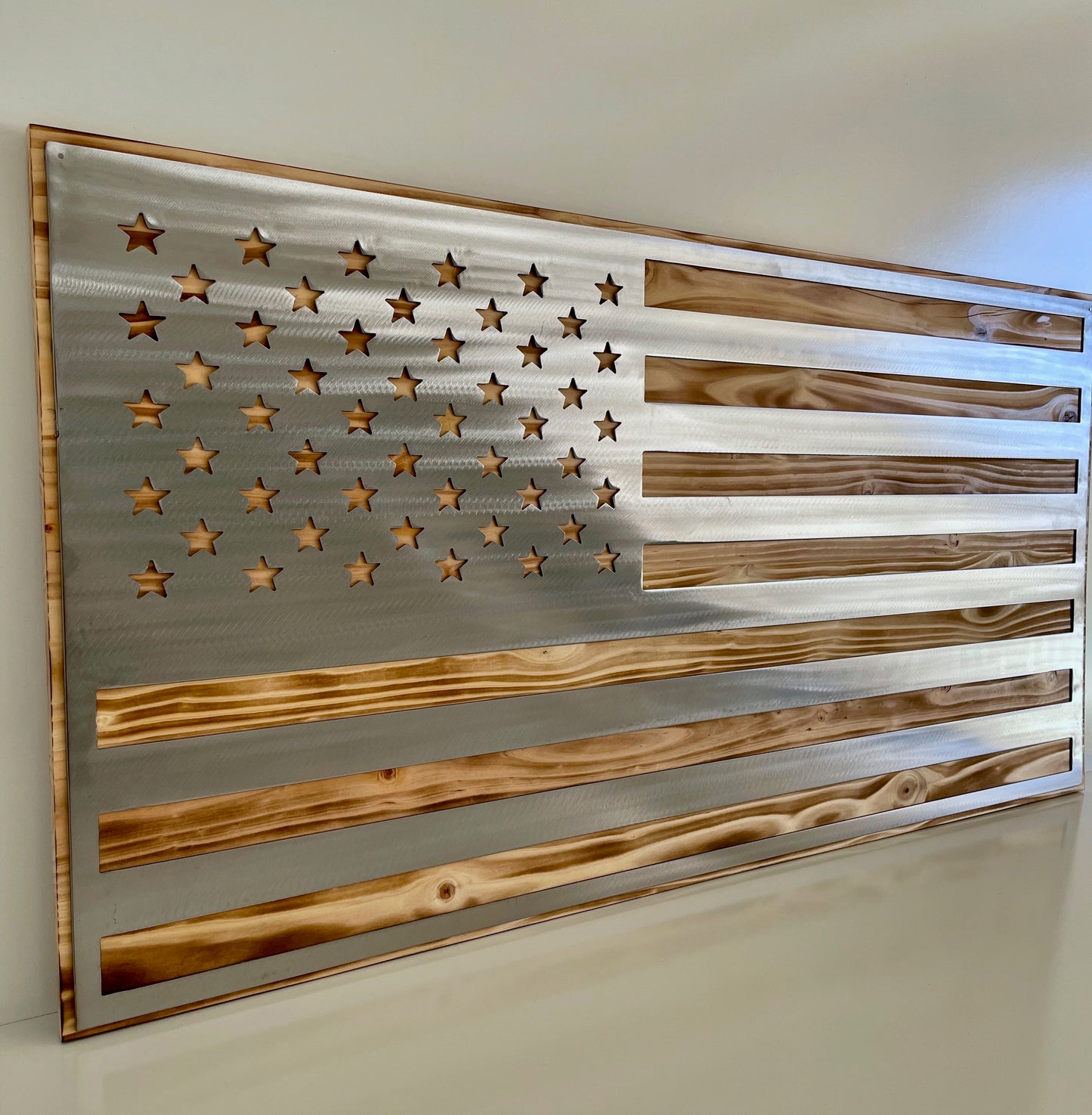 Burnt Wood Metal American Flag