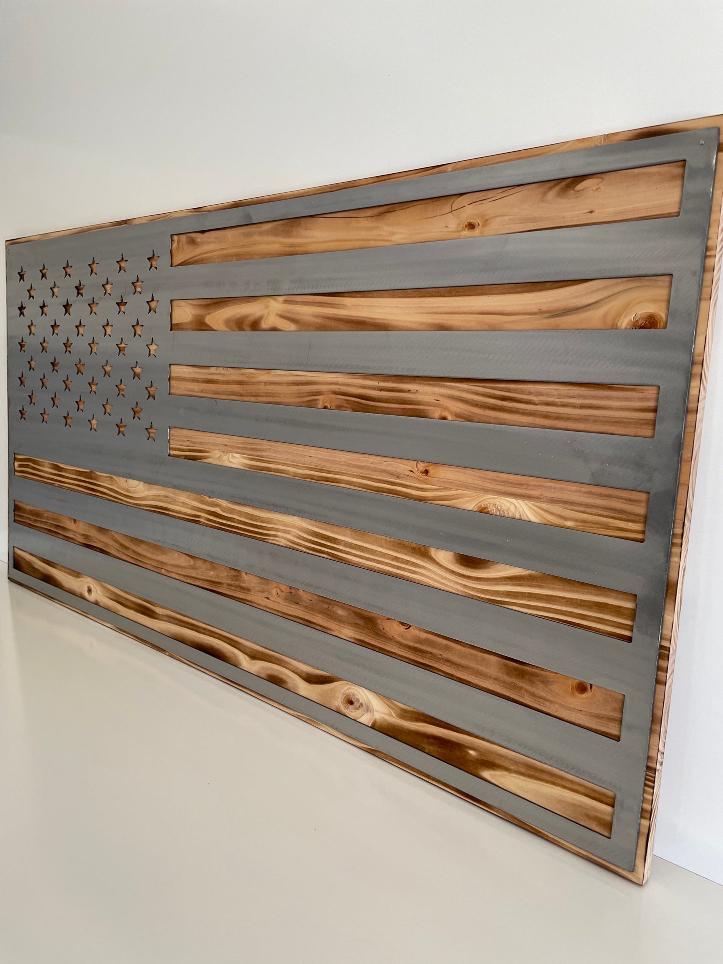 Burnt Wood Metal American Flag